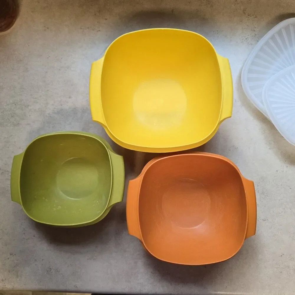 Tupperware Vintage Square Bowl & Lid Set 3pc Yellow Green Orange Plastic